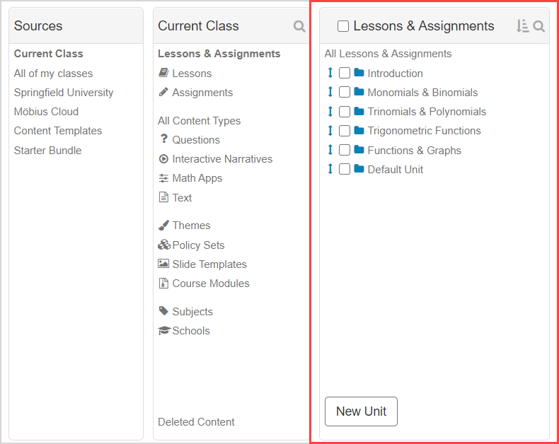 Lessons and Assignments is the first option in the Current Class pane.